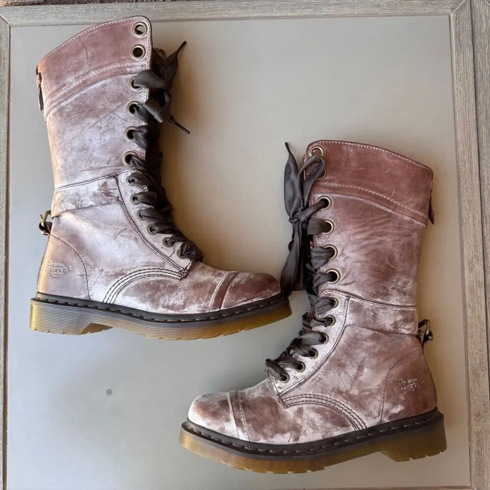 NEW Dr. Martens Triumph Boots Womens Sz 8 Brown Pink Floral Foldover Tall Combat - Picture 7 of 16